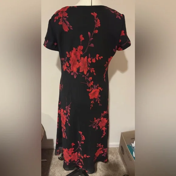 Vintage Black Red Floral Chiffon Overlay Midi Dress Petite 14P - Picture 2 of 6
